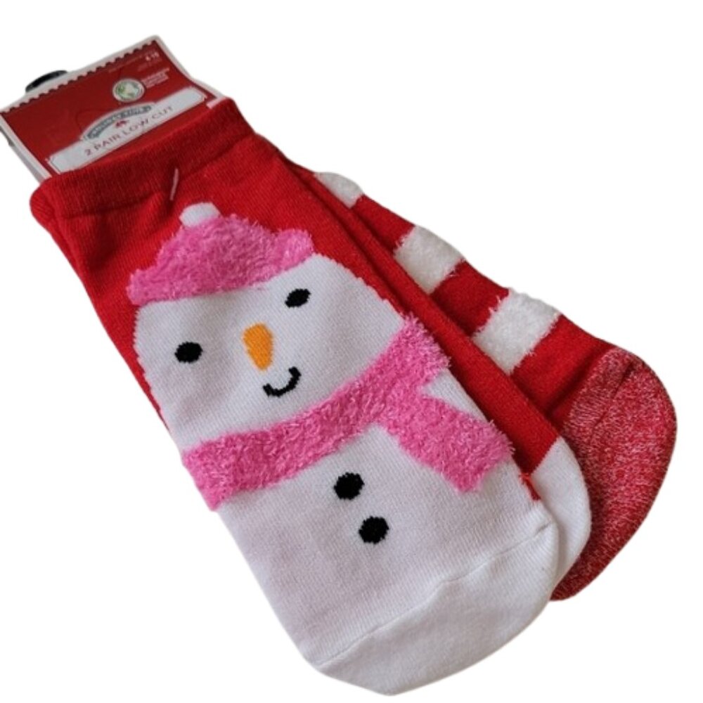 Holiday Time Low Cut Socks 2 Pair Snowman Stripes Red White Shoe Size 4-10 New